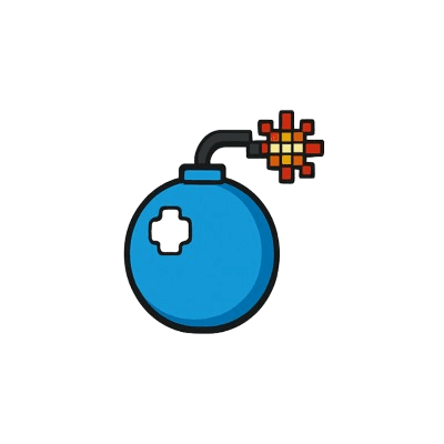 Cartoon bomb character with a mischievous grin, ready to explode